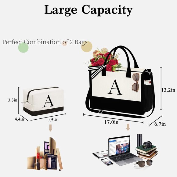 Personalized Initial Canvas Tote Bag and Makeup Bag Set for Women - Picture 4 of 7